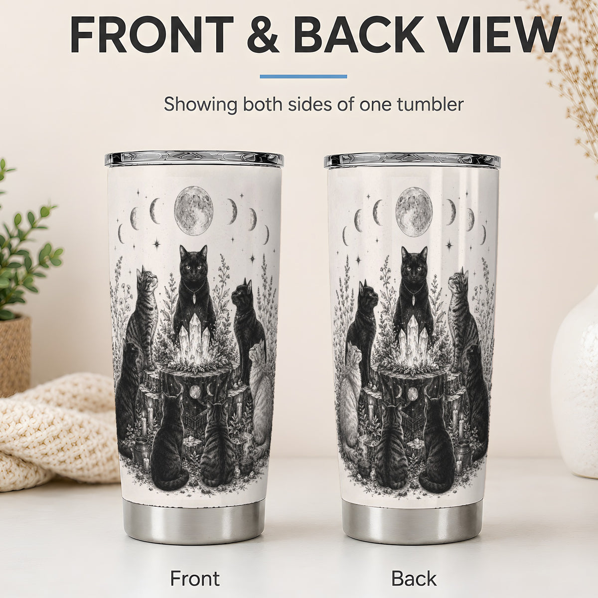 #pl[20oz|Steel] Mystic Cat Moon Tumbler, 20oz Stainless Steel Tumbler with Crystal Art