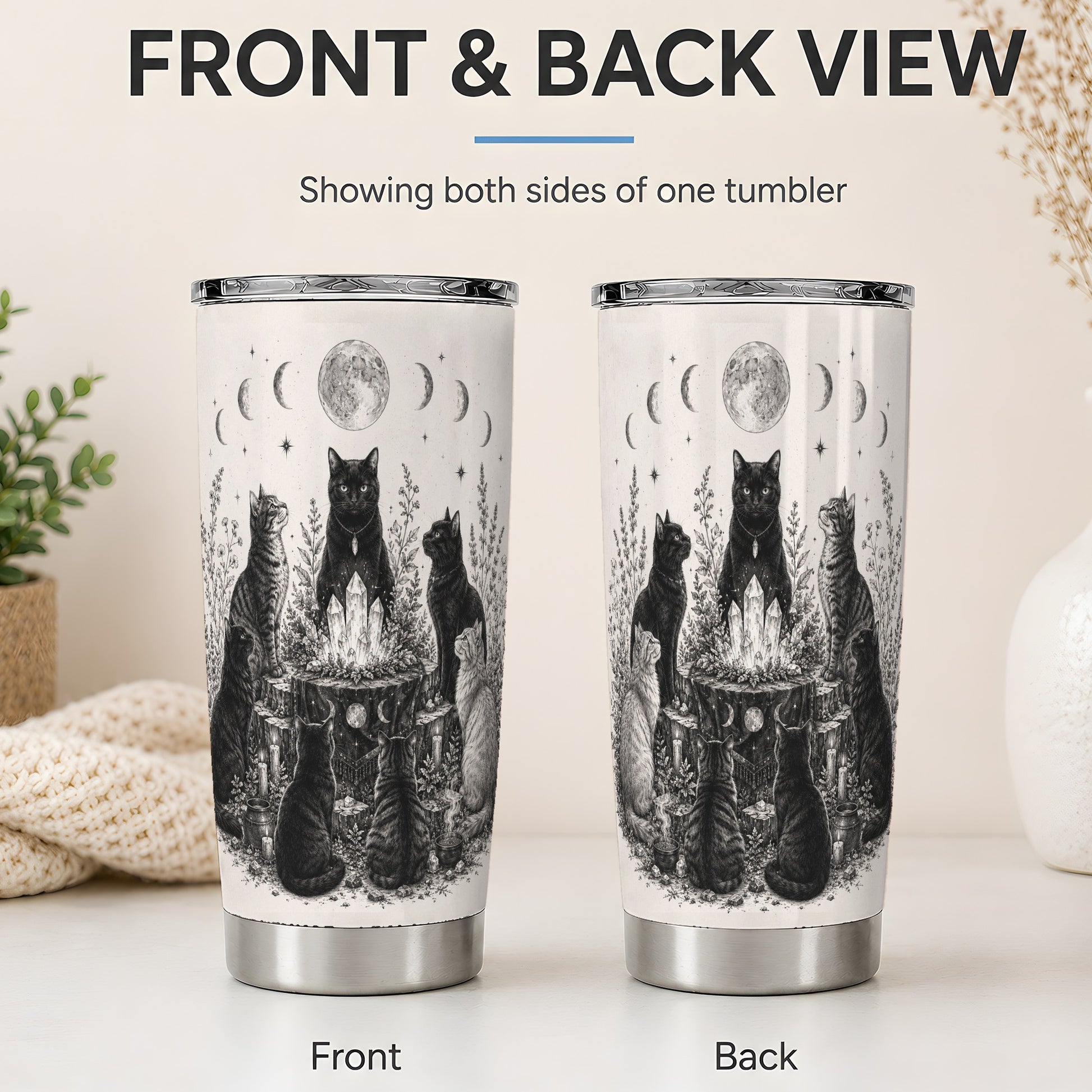 #pl[20oz|Steel] Mystic Cat Moon Tumbler, 20oz Stainless Steel Tumbler with Crystal Art