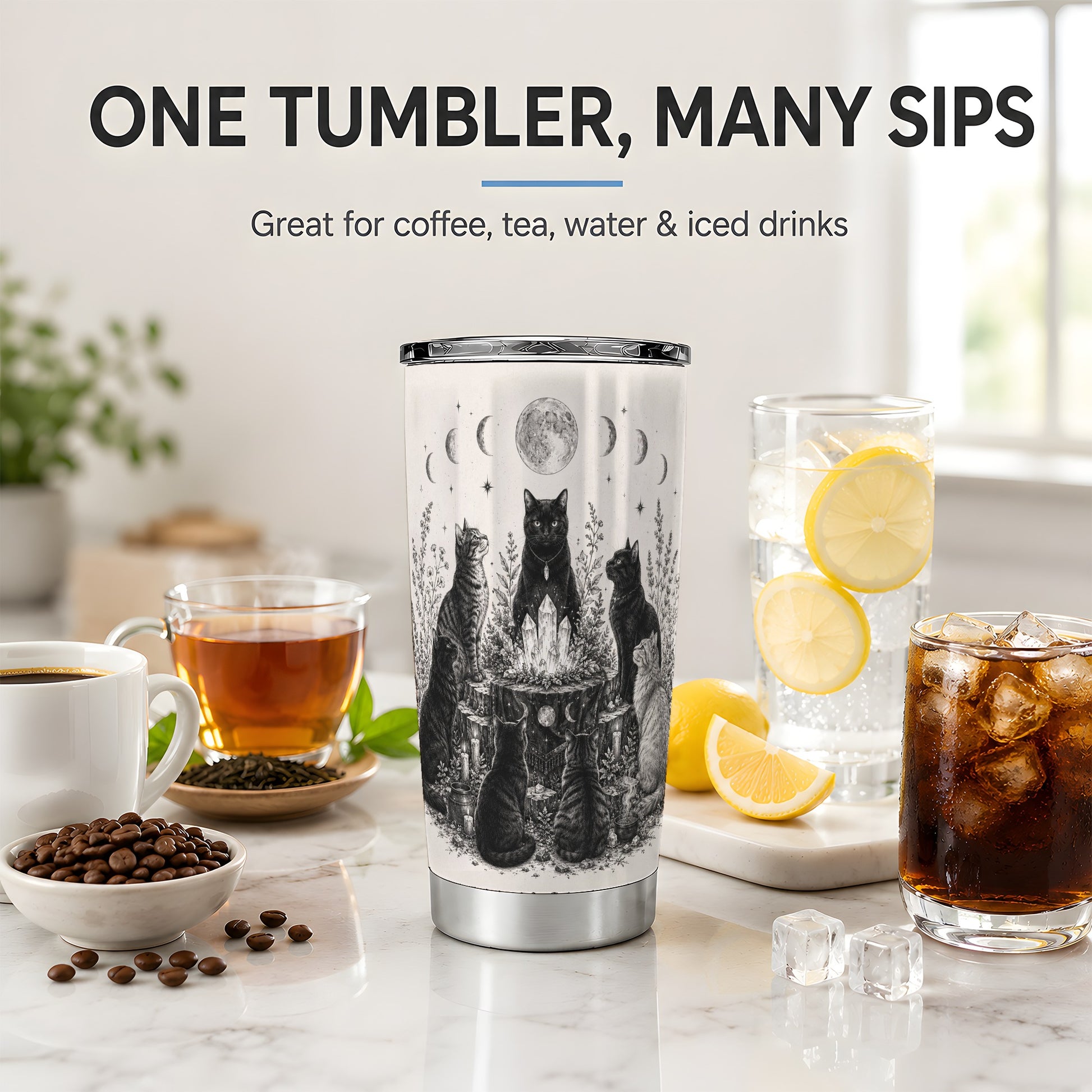 #pl[20oz|Steel] Mystic Cat Moon Tumbler, 20oz Stainless Steel Tumbler with Crystal Art