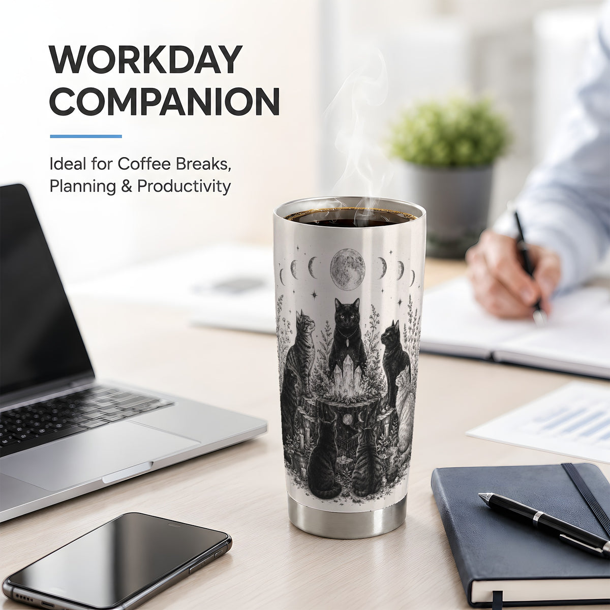 #pl[20oz|Steel] Mystic Cat Moon Tumbler, 20oz Stainless Steel Tumbler with Crystal Art