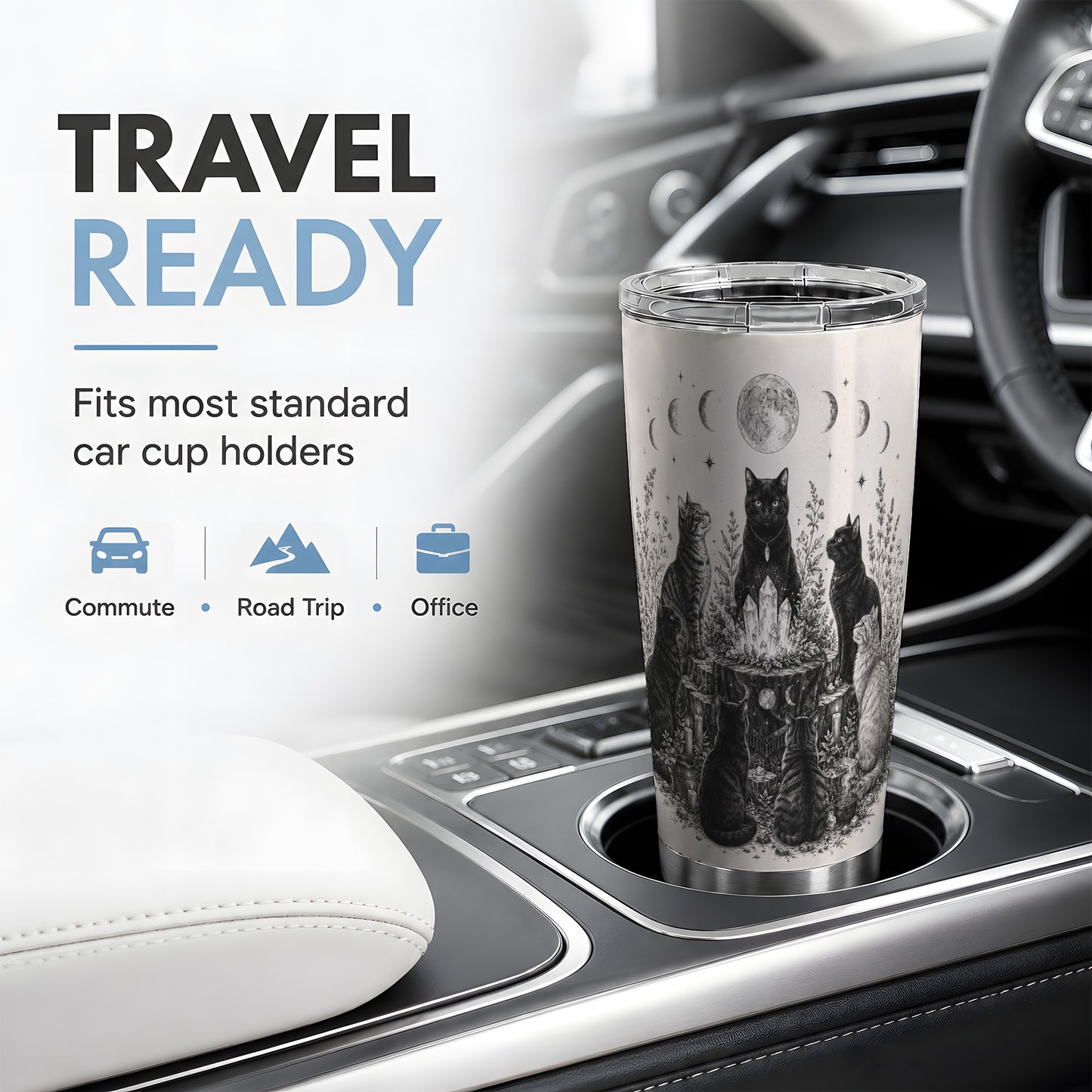 #pl[20oz|Steel] Mystic Cat Moon Tumbler, 20oz Stainless Steel Tumbler with Crystal Art
