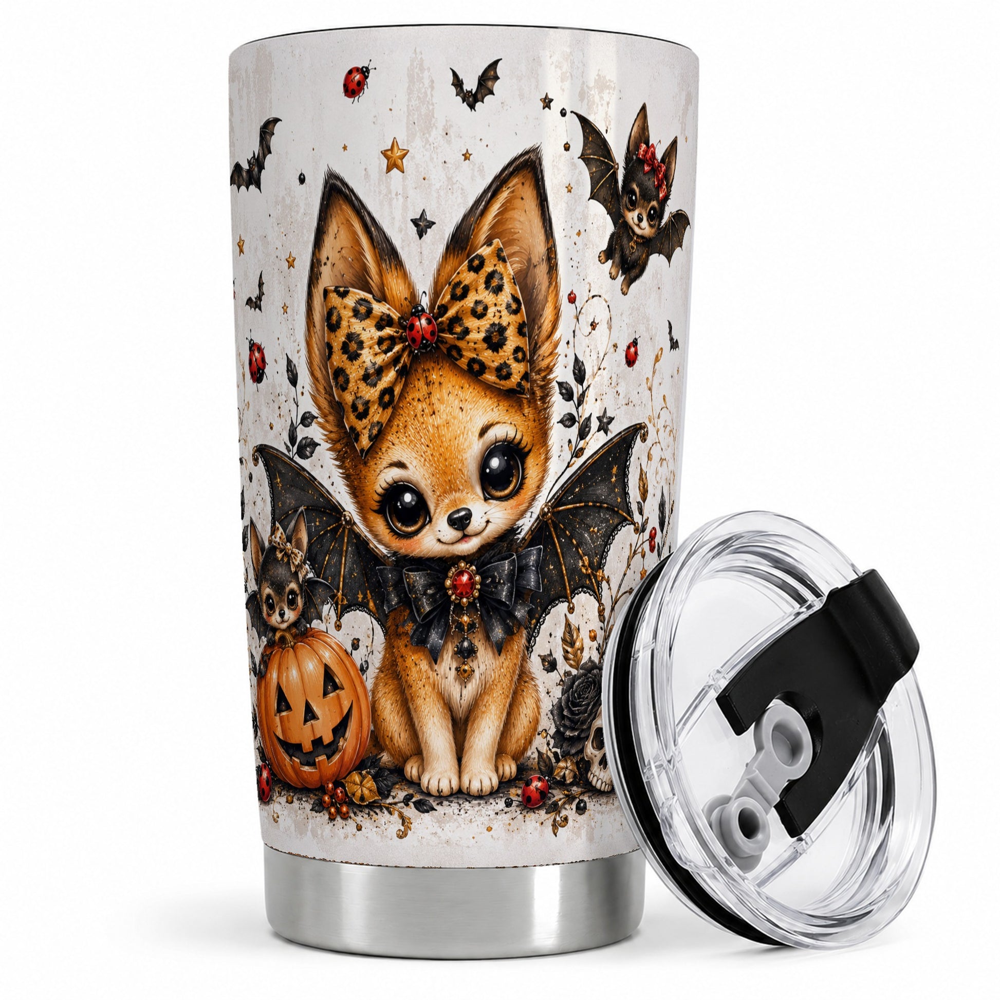 Cute Halloween Fox Tumbler, 20oz Stainless Steel Tumbler with Pumpkin Art