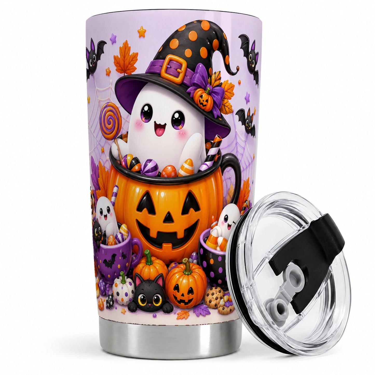 Cute Ghost Pumpkin Tumbler, 20oz Stainless Steel Tumbler with Candy Art