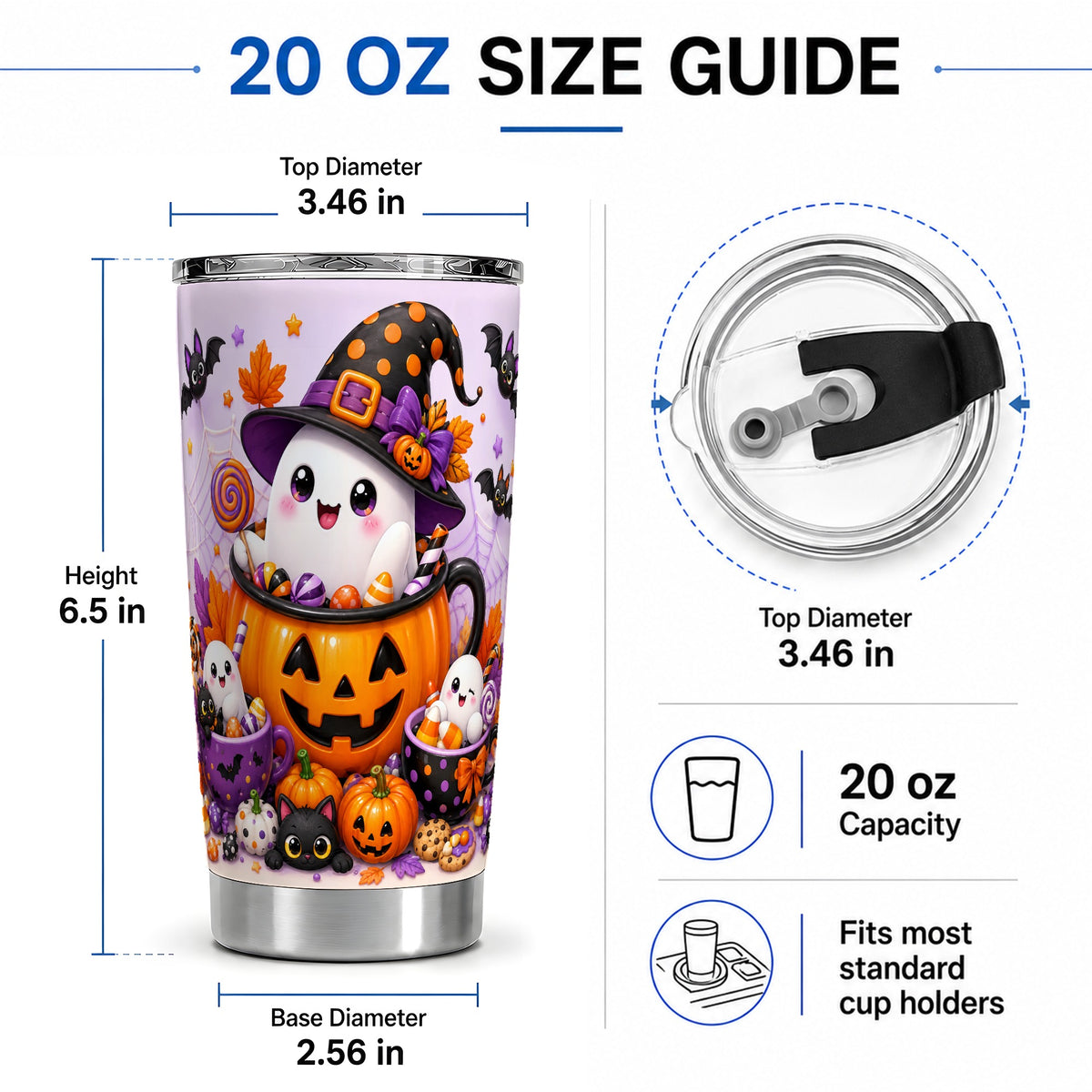 #pl[20oz|Steel] Cute Ghost Pumpkin Tumbler, 20oz Stainless Steel Tumbler with Candy Art