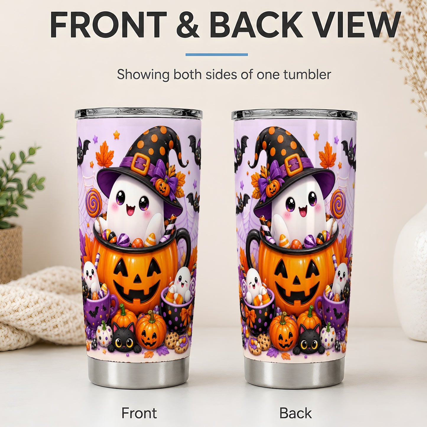 #pl[20oz|Steel] Cute Ghost Pumpkin Tumbler, 20oz Stainless Steel Tumbler with Candy Art