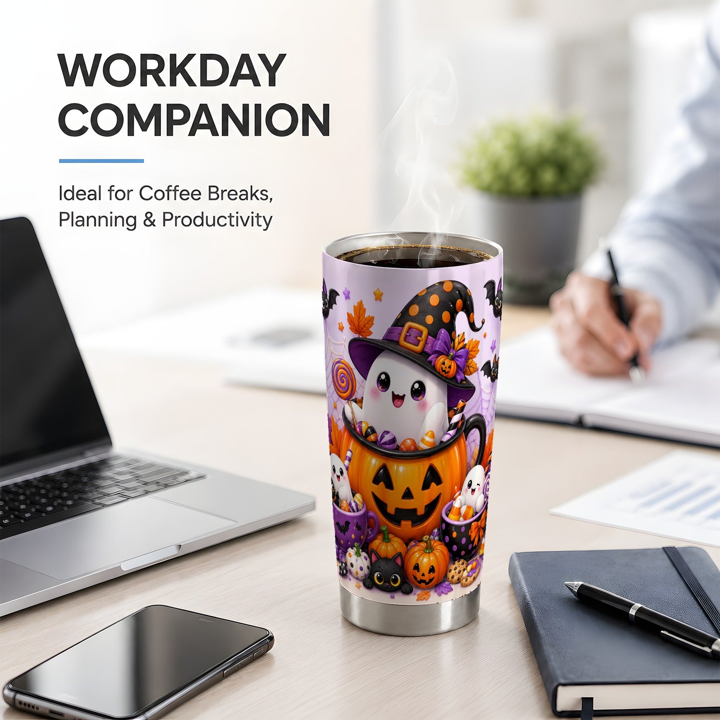 #pl[20oz|Steel] Cute Ghost Pumpkin Tumbler, 20oz Stainless Steel Tumbler with Candy Art