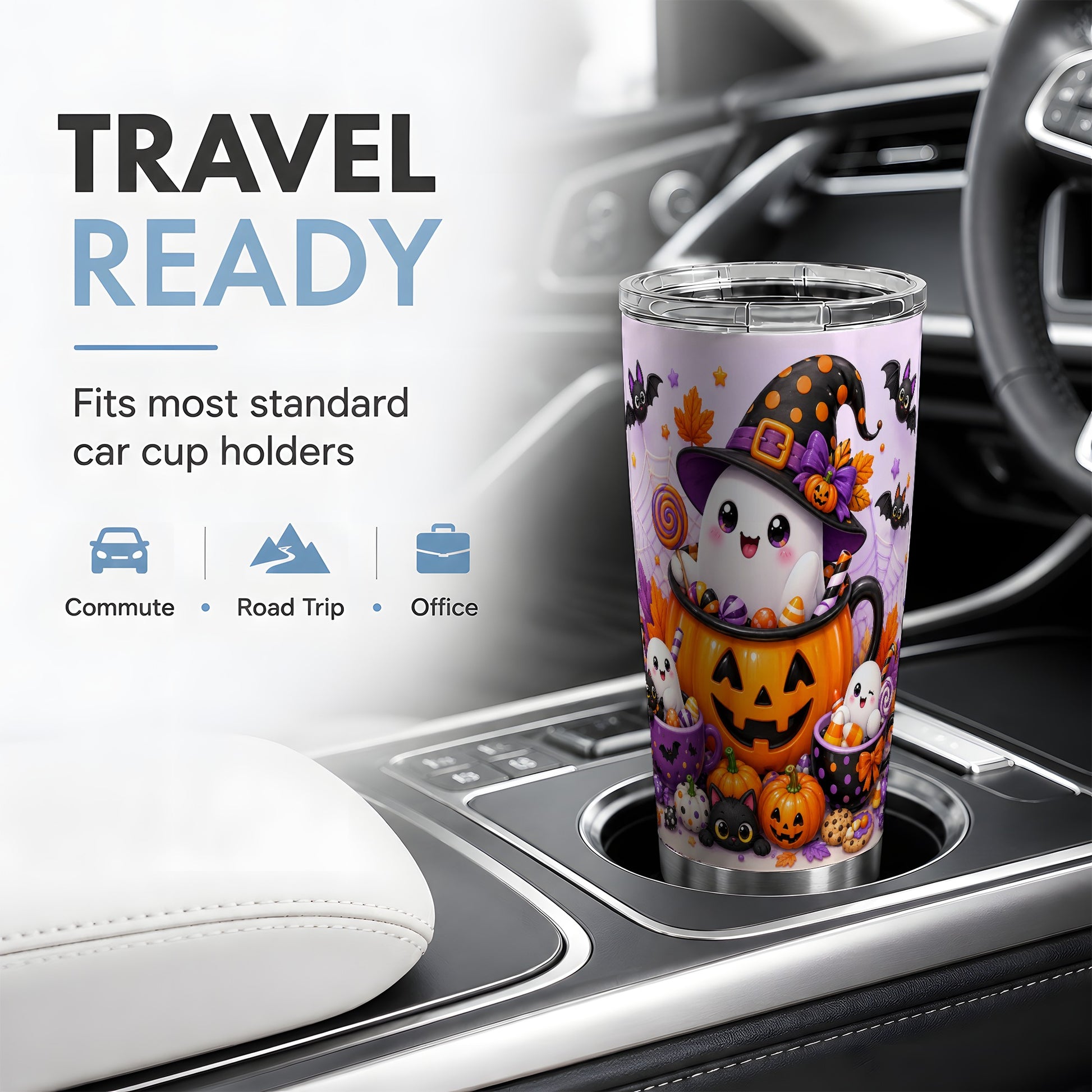 #pl[20oz|Steel] Cute Ghost Pumpkin Tumbler, 20oz Stainless Steel Tumbler with Candy Art