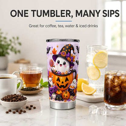 #pl[20oz|Steel] Cute Ghost Pumpkin Tumbler, 20oz Stainless Steel Tumbler with Candy Art