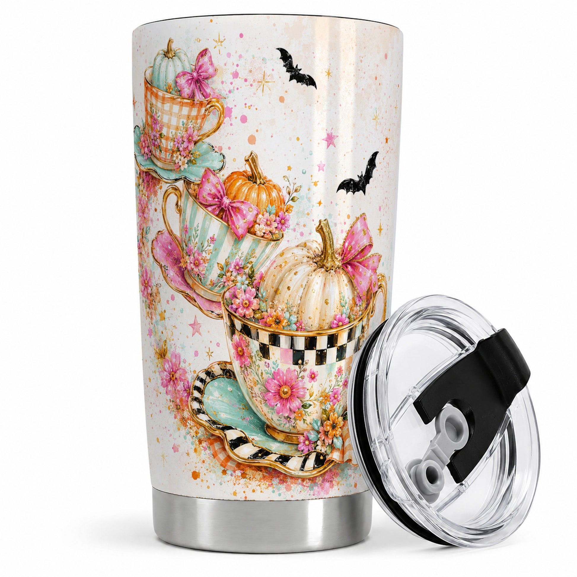 Pumpkin Tea Cup Tumbler, 20oz Stainless Steel Tumbler with Floral Art