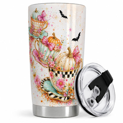 Pumpkin Tea Cup Tumbler, 20oz Stainless Steel Tumbler with Floral Art