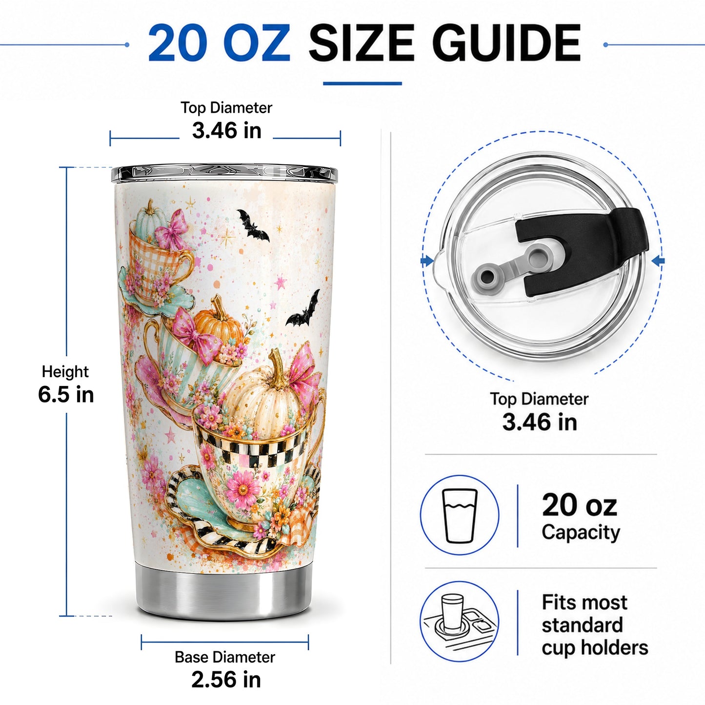 #pl[20oz|Steel] Pumpkin Tea Cup Tumbler, 20oz Stainless Steel Tumbler with Floral Art