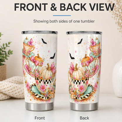 #pl[20oz|Steel] Pumpkin Tea Cup Tumbler, 20oz Stainless Steel Tumbler with Floral Art