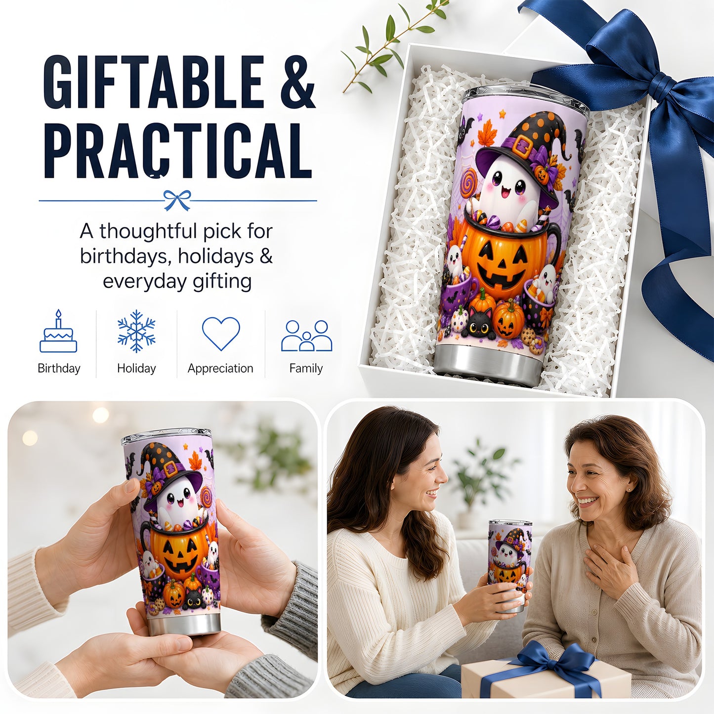 #pl[20oz|Steel] Cute Ghost Pumpkin Tumbler, 20oz Stainless Steel Tumbler with Candy Art