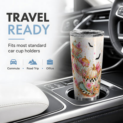 #pl[20oz|Steel] Pumpkin Tea Cup Tumbler, 20oz Stainless Steel Tumbler with Floral Art