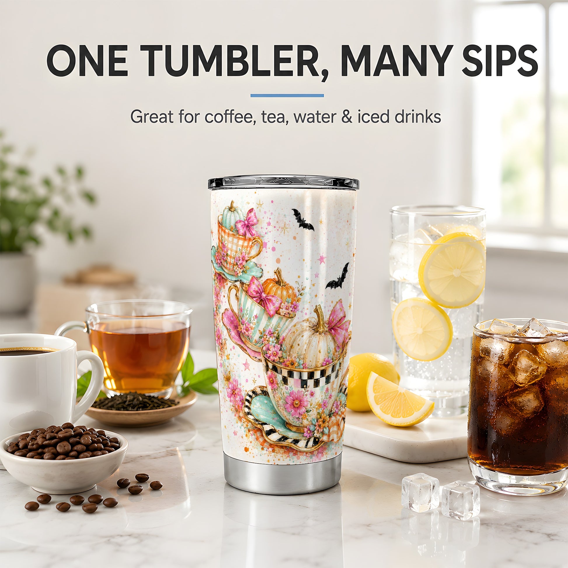 #pl[20oz|Steel] Pumpkin Tea Cup Tumbler, 20oz Stainless Steel Tumbler with Floral Art
