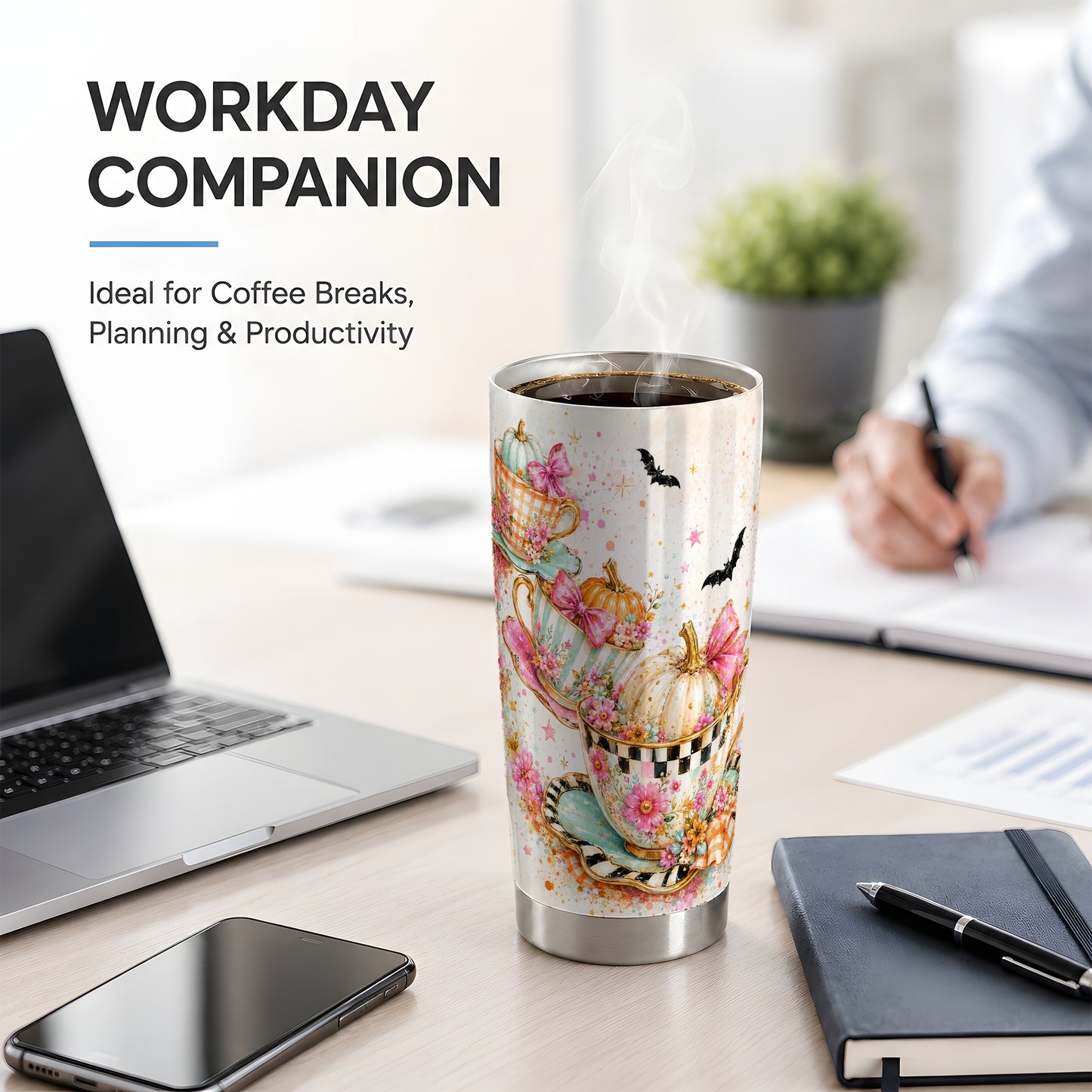 #pl[20oz|Steel] Pumpkin Tea Cup Tumbler, 20oz Stainless Steel Tumbler with Floral Art