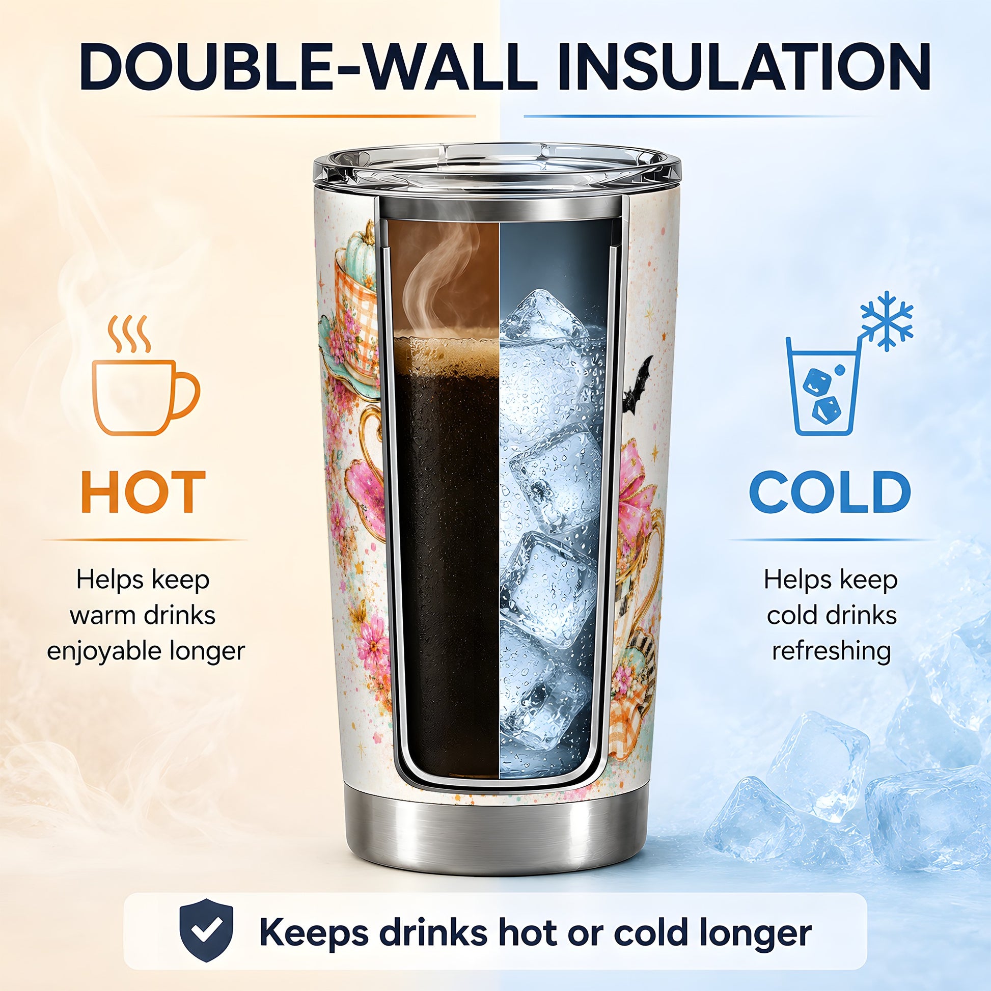 #pl[20oz|Steel] Pumpkin Tea Cup Tumbler, 20oz Stainless Steel Tumbler with Floral Art