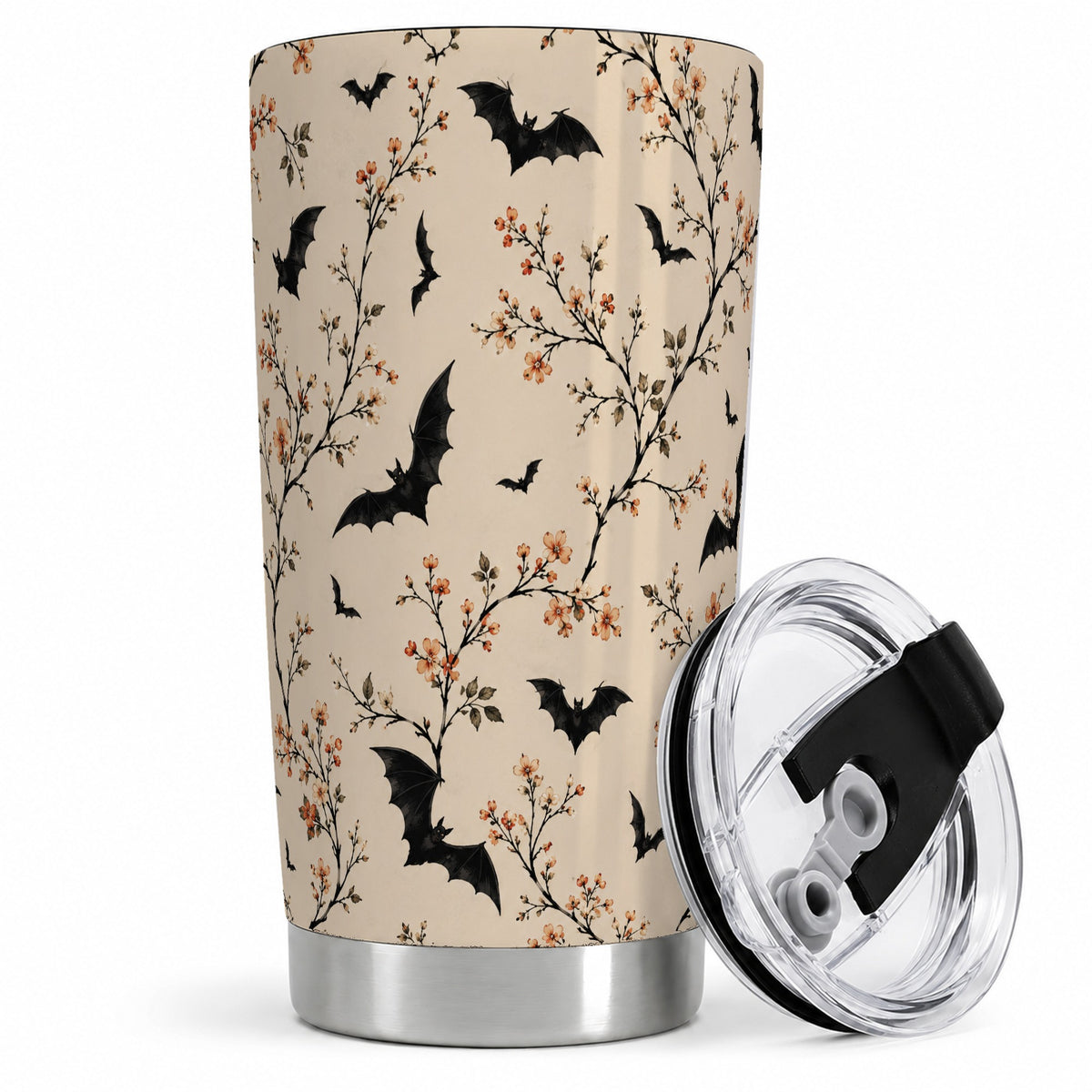 Bat Floral Pattern Tumbler, 20oz Stainless Steel Tumbler with Branch Art