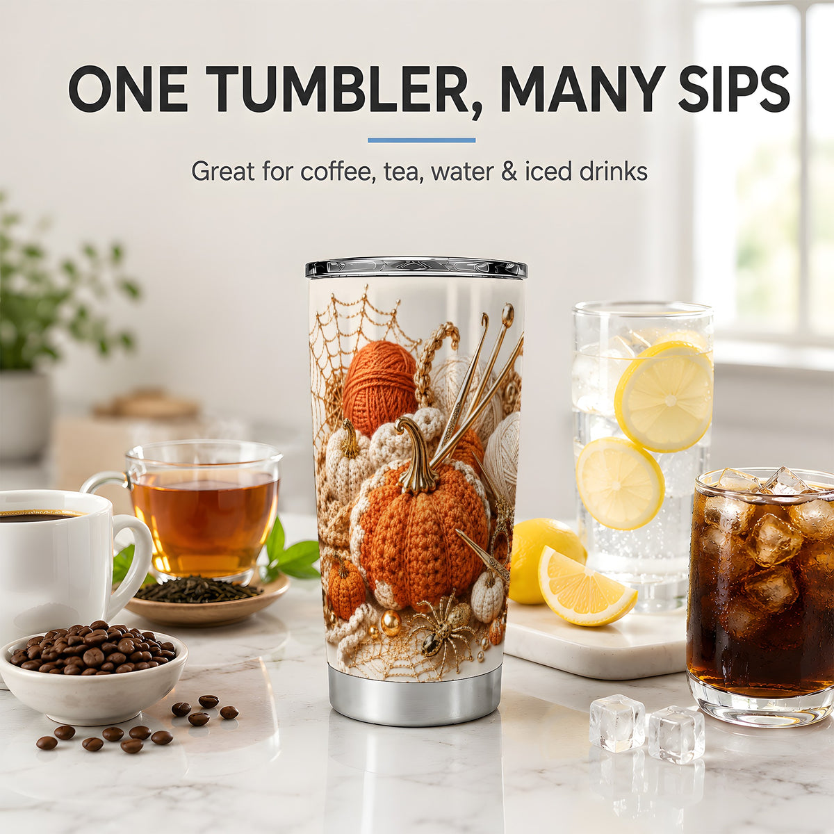 #pl[20oz|Steel] Crochet Pumpkin Tumbler, 20oz Stainless Steel Tumbler with Yarn Art