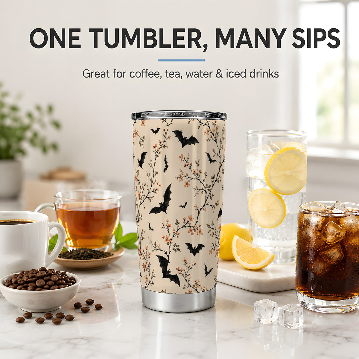 #pl[20oz|Steel] Bat Floral Pattern Tumbler, 20oz Stainless Steel Tumbler with Branch Art