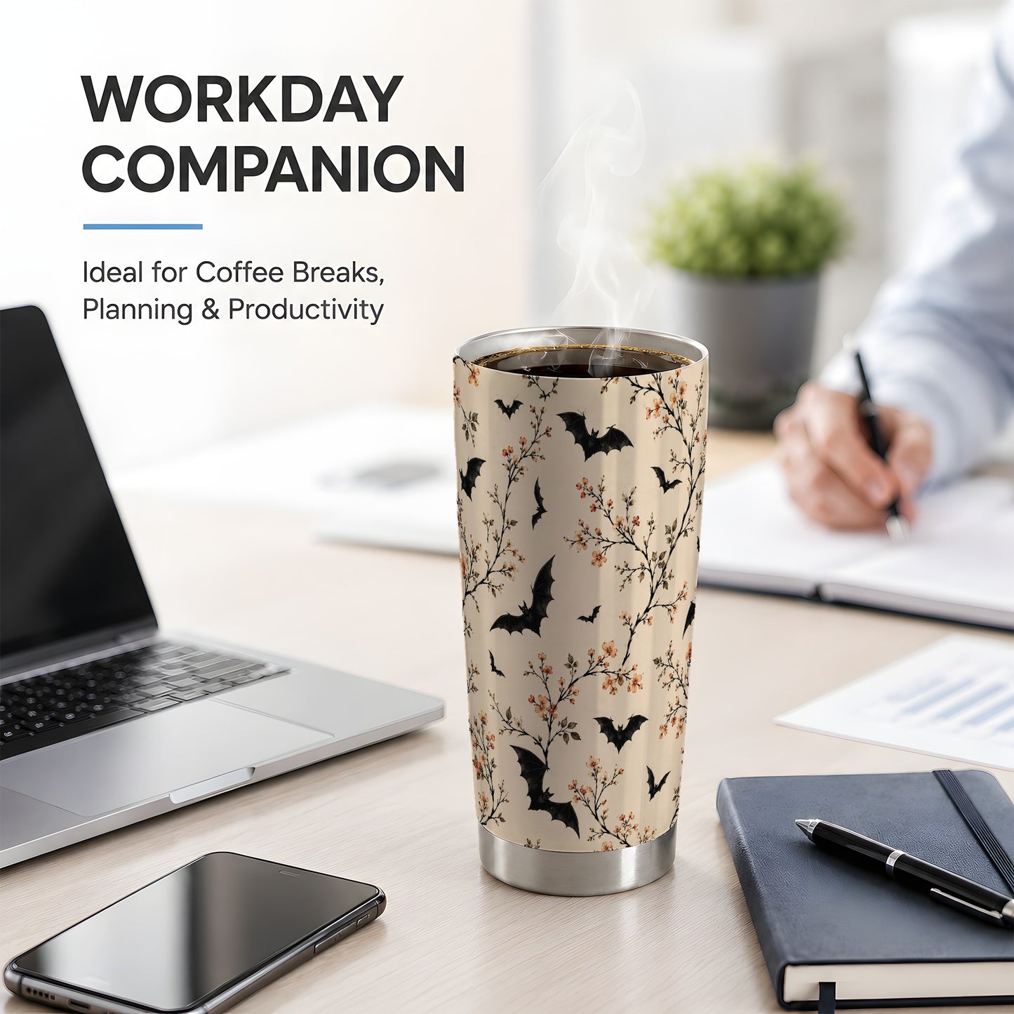 #pl[20oz|Steel] Bat Floral Pattern Tumbler, 20oz Stainless Steel Tumbler with Branch Art
