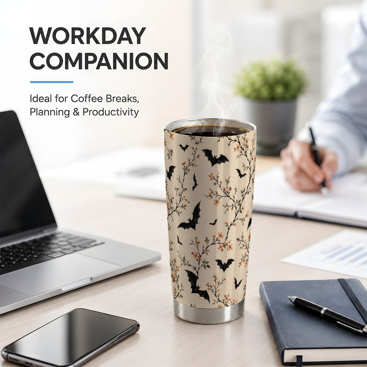 #pl[20oz|Steel] Bat Floral Pattern Tumbler, 20oz Stainless Steel Tumbler with Branch Art