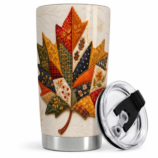 Patchwork Maple Leaf Tumbler, 20oz Stainless Steel Tumbler with Fall Art