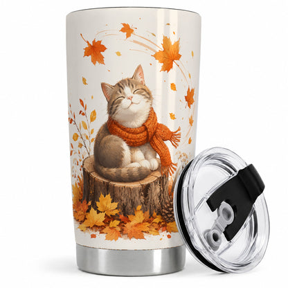 Cozy Autumn Cat Tumbler, 20oz Stainless Steel Tumbler with Leaf Art