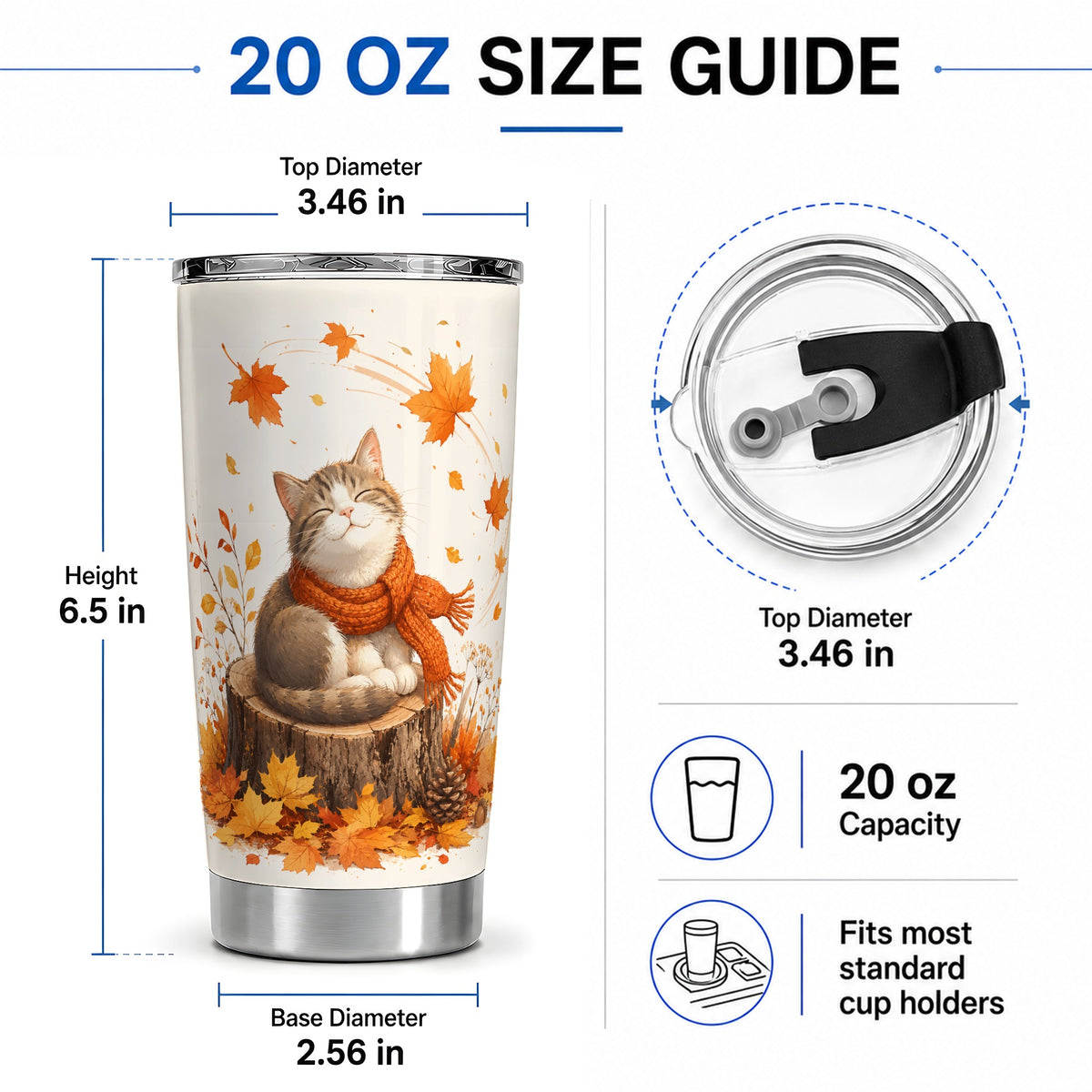 #pl[20oz|Steel] Cozy Autumn Cat Tumbler, 20oz Stainless Steel Tumbler with Leaf Art