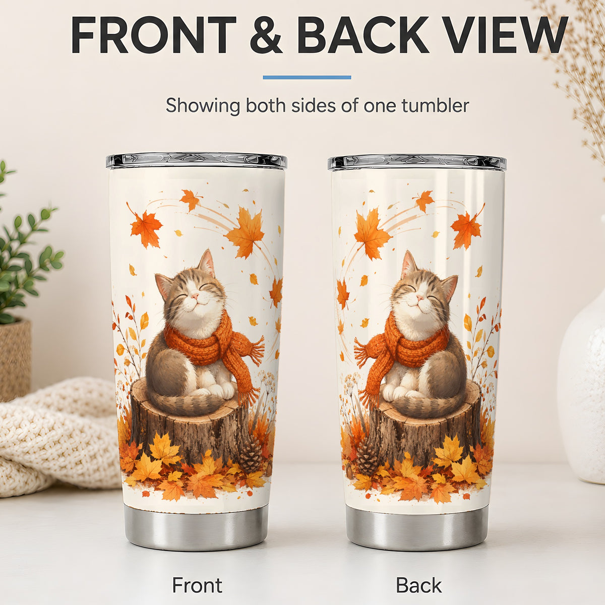 #pl[20oz|Steel] Cozy Autumn Cat Tumbler, 20oz Stainless Steel Tumbler with Leaf Art