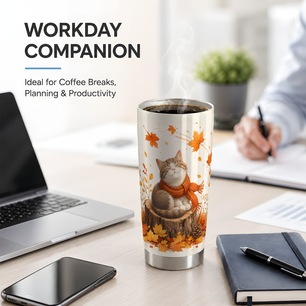 #pl[20oz|Steel] Cozy Autumn Cat Tumbler, 20oz Stainless Steel Tumbler with Leaf Art