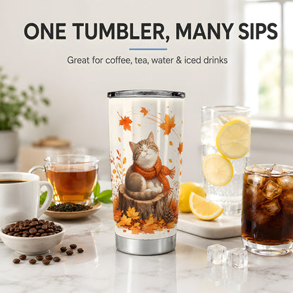 #pl[20oz|Steel] Cozy Autumn Cat Tumbler, 20oz Stainless Steel Tumbler with Leaf Art