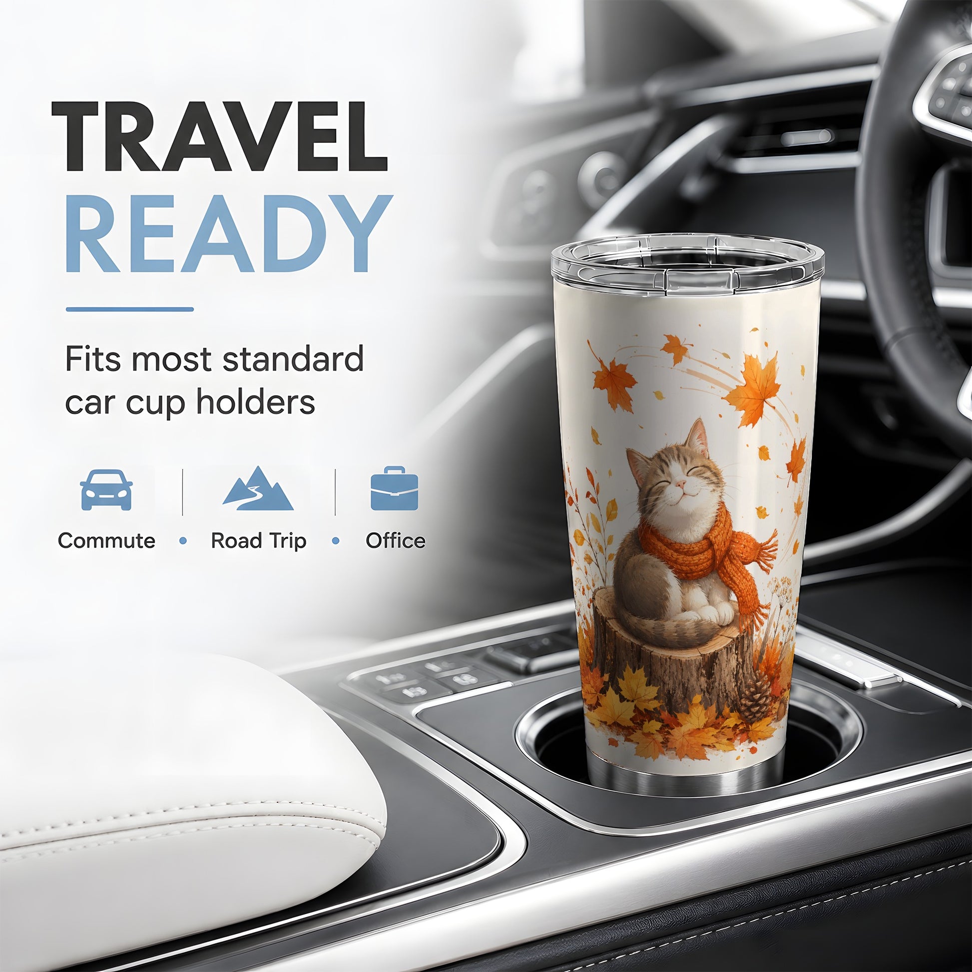 #pl[20oz|Steel] Cozy Autumn Cat Tumbler, 20oz Stainless Steel Tumbler with Leaf Art