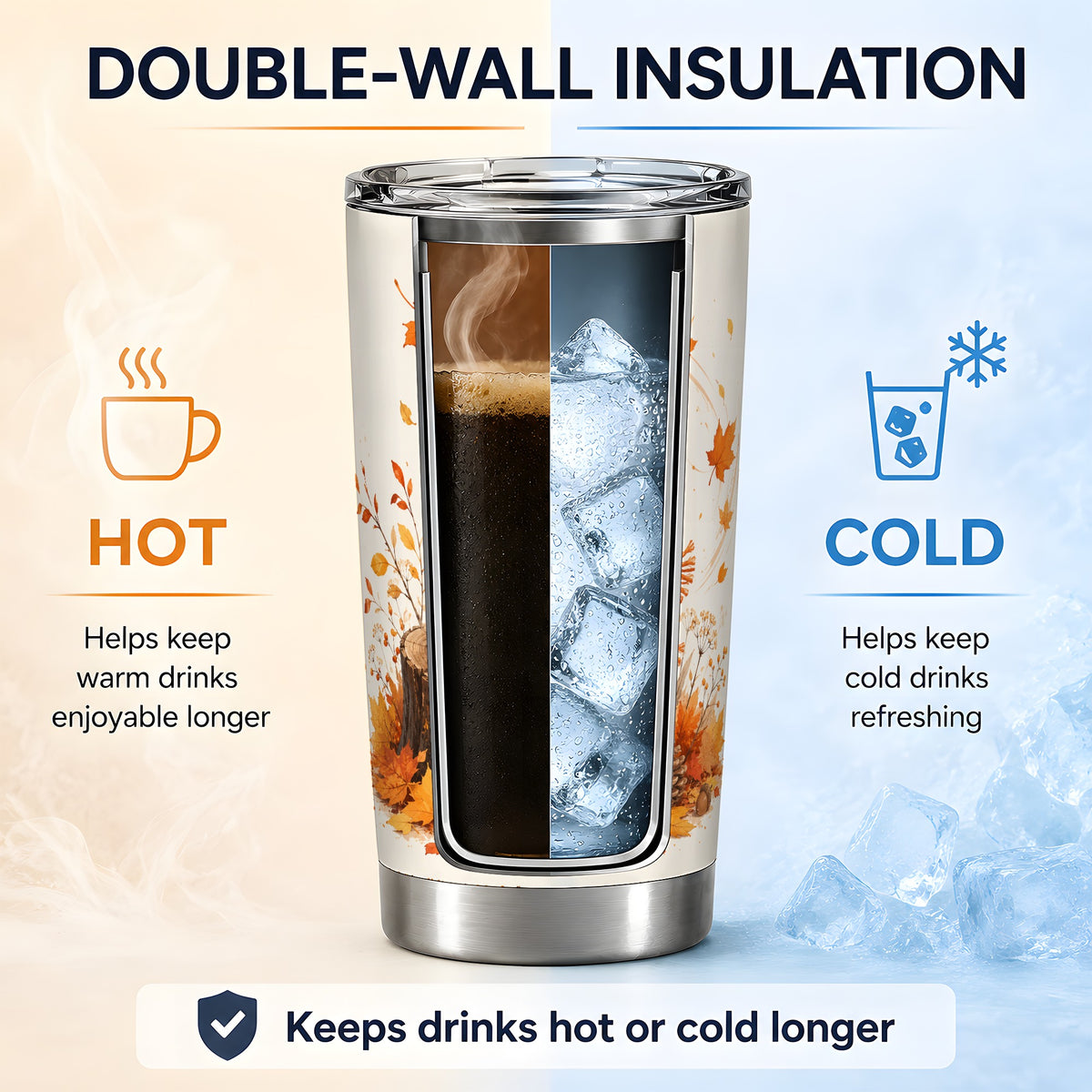 #pl[20oz|Steel] Cozy Autumn Cat Tumbler, 20oz Stainless Steel Tumbler with Leaf Art
