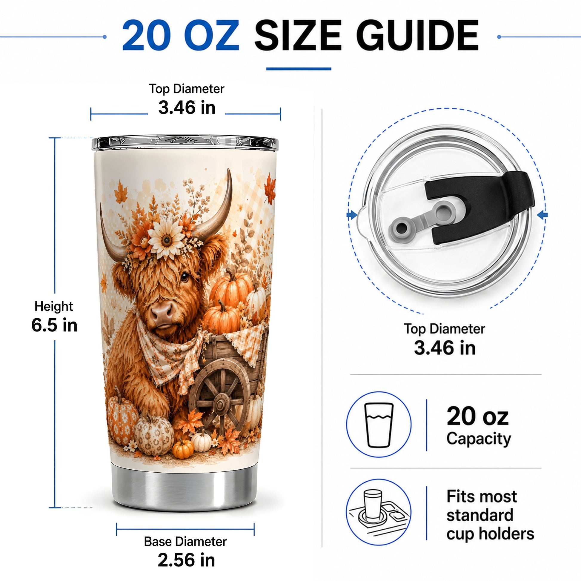 #pl[20oz|Steel] Autumn Highland Cow Tumbler, 20oz Tumbler with Pumpkin Floral Artwork