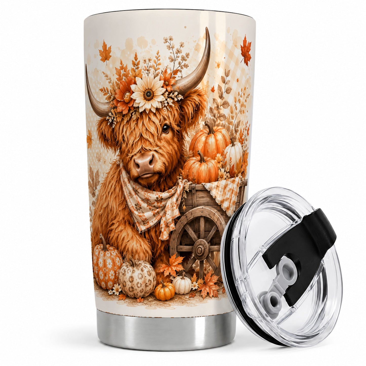 Autumn Highland Cow Tumbler, 20oz Tumbler with Pumpkin Floral Artwork