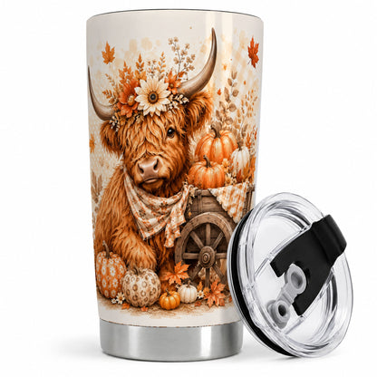 Autumn Highland Cow Tumbler, 20oz Tumbler with Pumpkin Floral Artwork