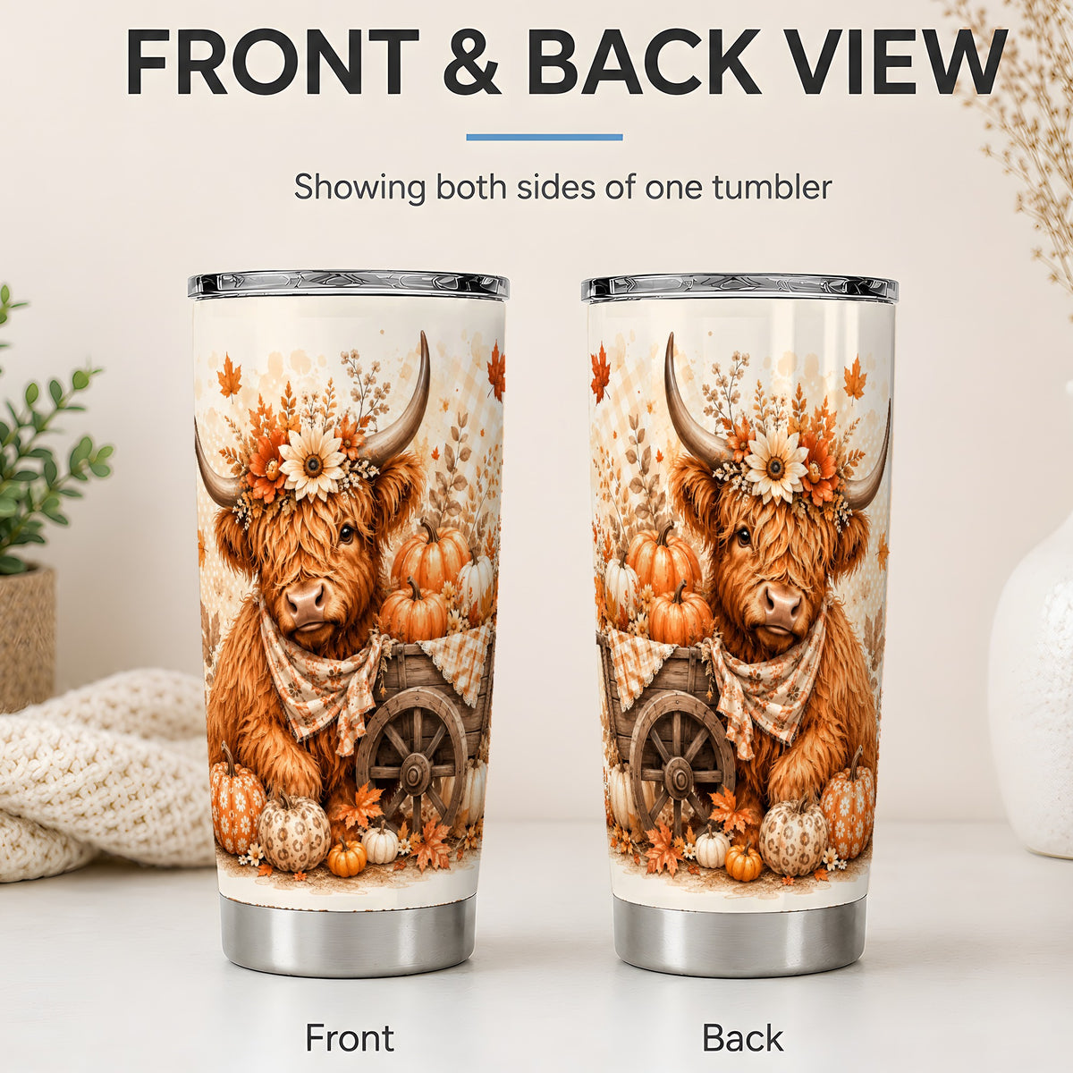 #pl[20oz|Steel] Autumn Highland Cow Tumbler, 20oz Tumbler with Pumpkin Floral Artwork