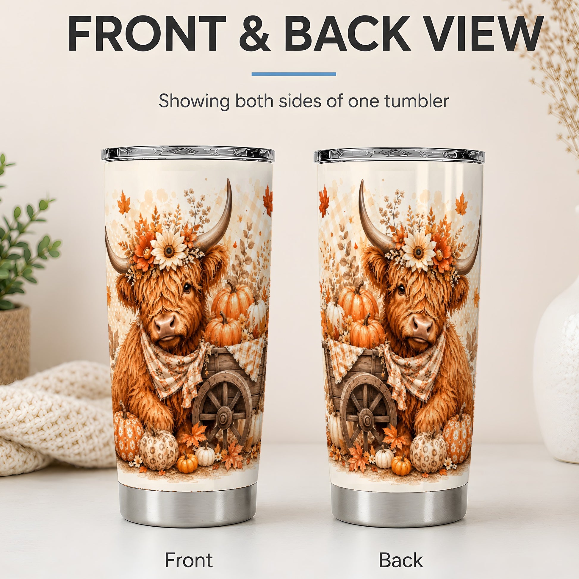 #pl[20oz|Steel] Autumn Highland Cow Tumbler, 20oz Tumbler with Pumpkin Floral Artwork