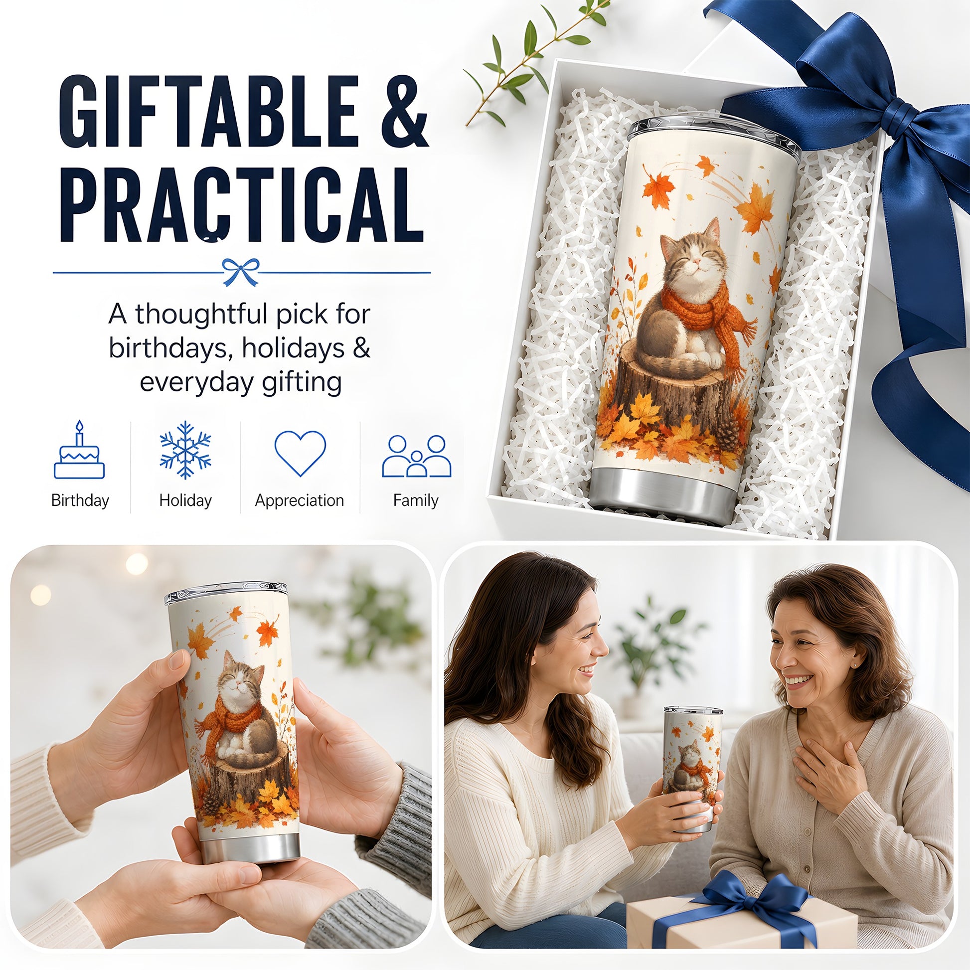 #pl[20oz|Steel] Cozy Autumn Cat Tumbler, 20oz Stainless Steel Tumbler with Leaf Art