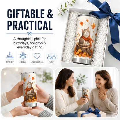 #pl[20oz|Steel] Cozy Autumn Cat Tumbler, 20oz Stainless Steel Tumbler with Leaf Art