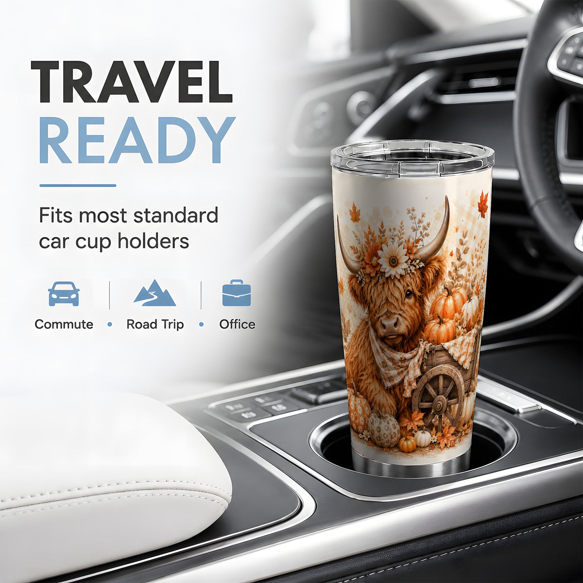 #pl[20oz|Steel] Autumn Highland Cow Tumbler, 20oz Tumbler with Pumpkin Floral Artwork