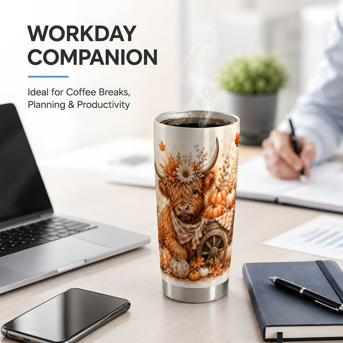#pl[20oz|Steel] Autumn Highland Cow Tumbler, 20oz Tumbler with Pumpkin Floral Artwork