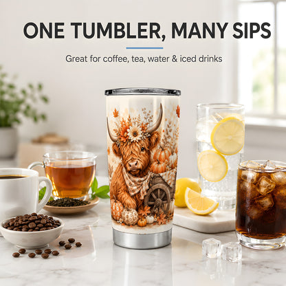 #pl[20oz|Steel] Autumn Highland Cow Tumbler, 20oz Tumbler with Pumpkin Floral Artwork