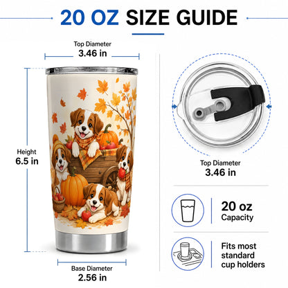 #pl[20oz|Steel] Autumn Puppies Tumbler, 20oz Tumbler with Pumpkin Harvest Cart Artwork
