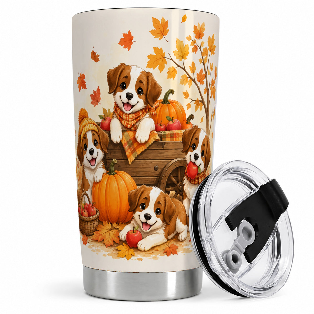 Autumn Puppies Tumbler, 20oz Tumbler with Pumpkin Harvest Cart Artwork