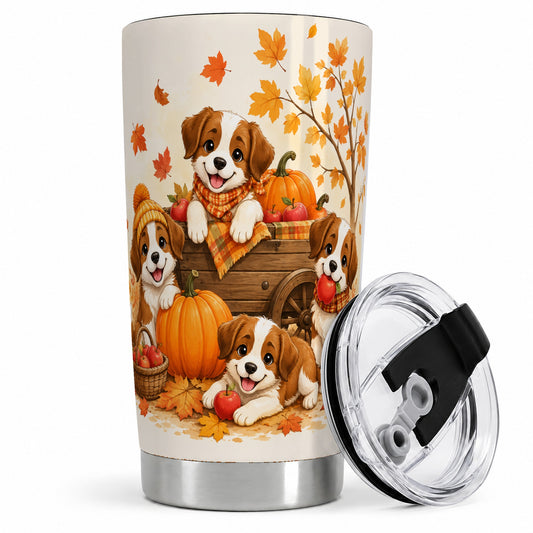 Autumn Puppies Tumbler, 20oz Tumbler with Pumpkin Harvest Cart Artwork