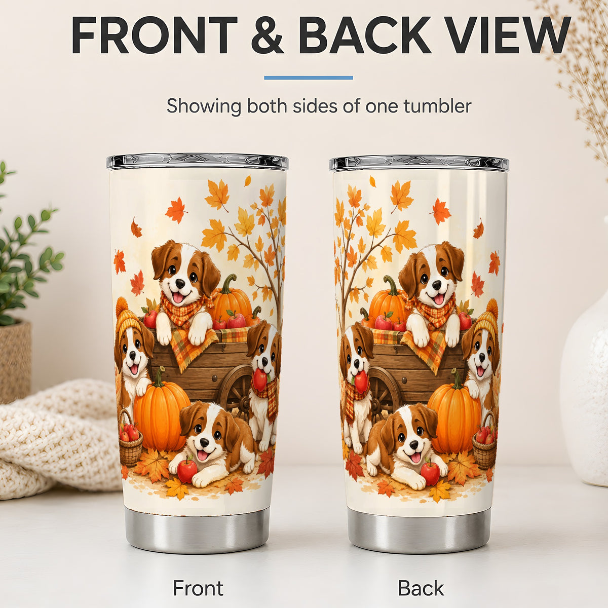 #pl[20oz|Steel] Autumn Puppies Tumbler, 20oz Tumbler with Pumpkin Harvest Cart Artwork