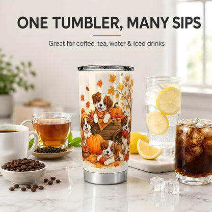 #pl[20oz|Steel] Autumn Puppies Tumbler, 20oz Tumbler with Pumpkin Harvest Cart Artwork