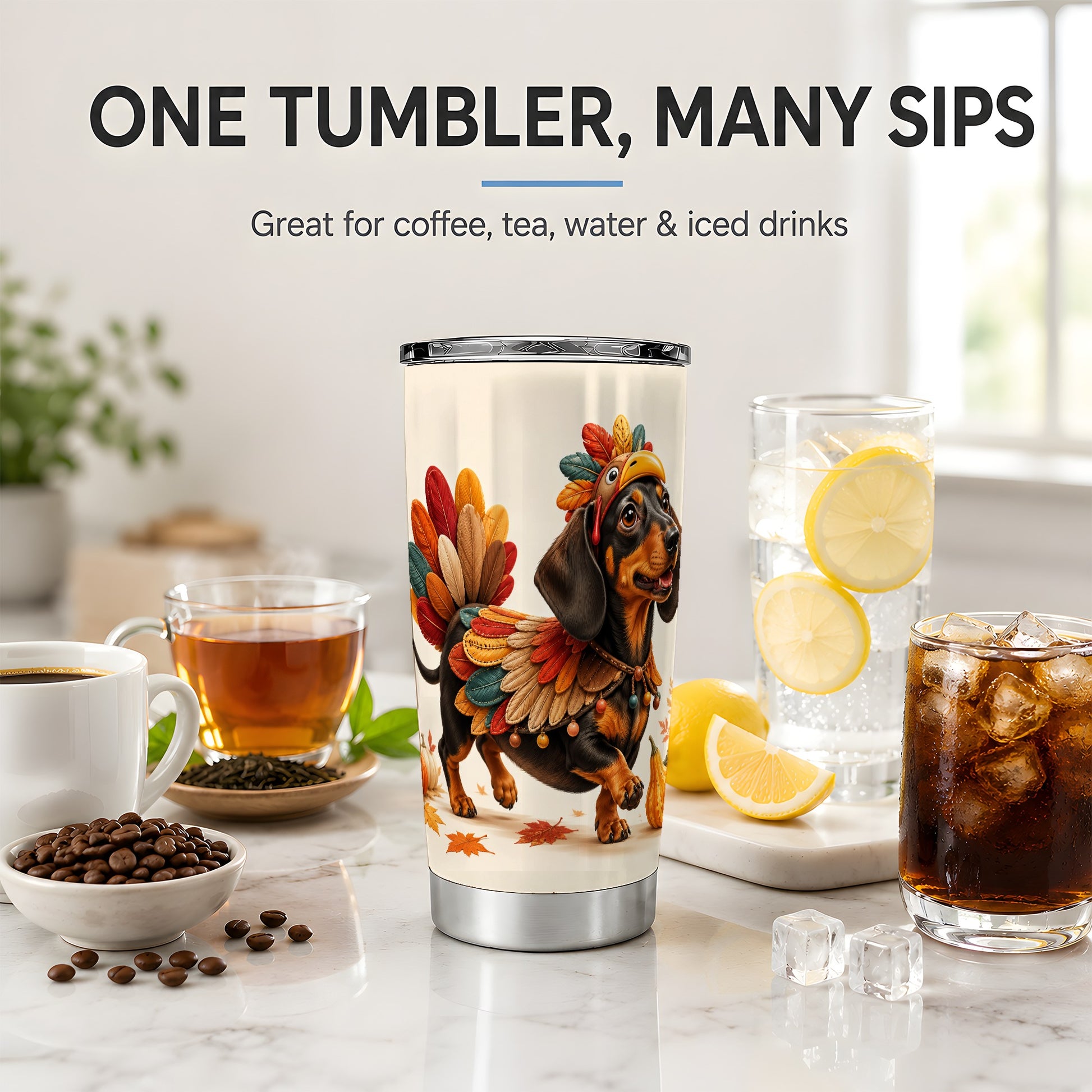 #pl[20oz|Steel] Thanksgiving Dachshund Tumbler, 20oz Tumbler with Turkey Costume Art